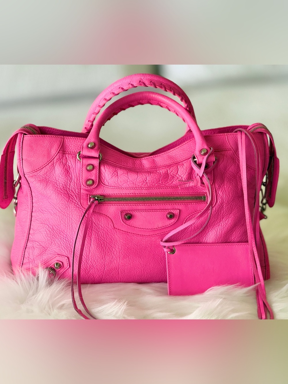 BALENCIAGA CITY BAG IN HOT BARBIE PINK W/STRAP & MIRROR MOTO BAG BRIGHT PINK